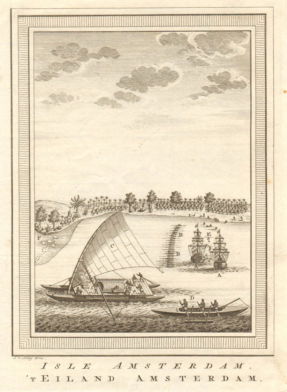 'Isle Amsterdam'. Abel Tasman at Tongatapu, Tonga 1643. Pirogues. SCHLEY 1758